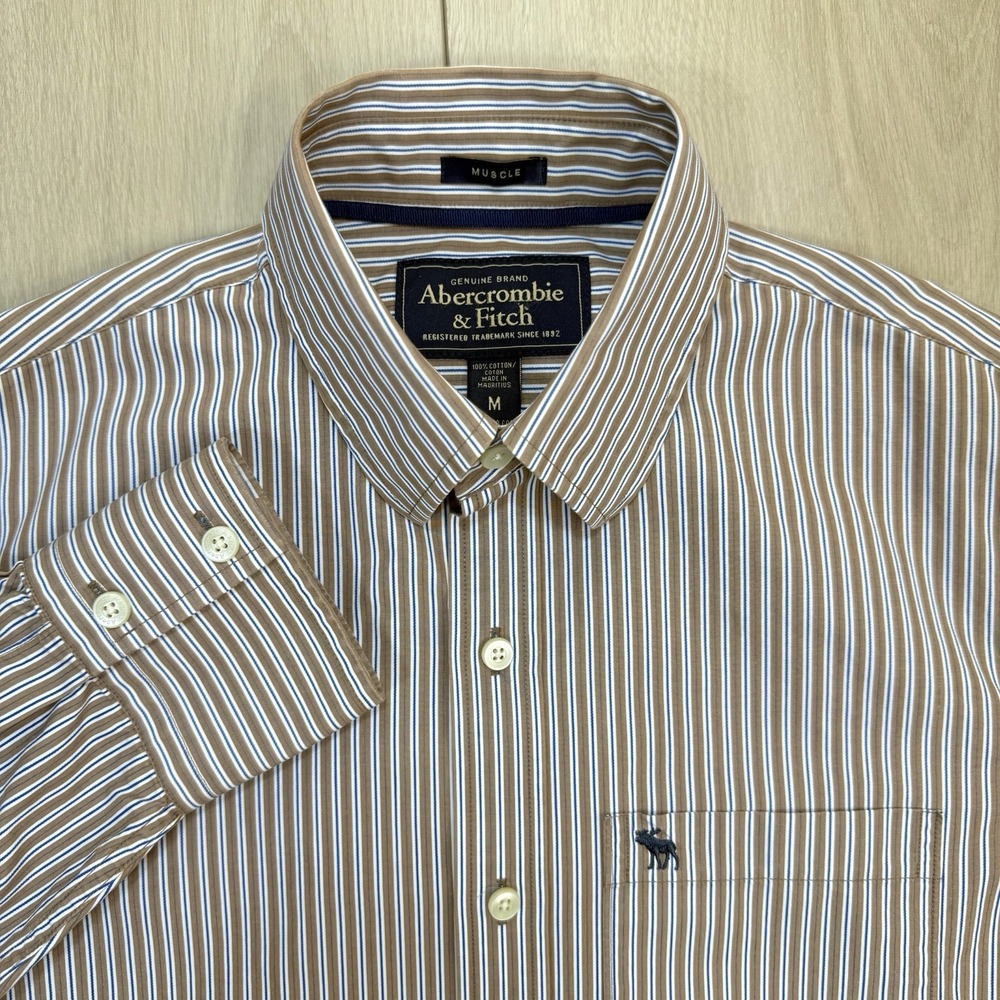 VTG Y2K Abercrombie Fitch Muscle‎ Mens M Stripe Button Shirt Brown Blue Preppy